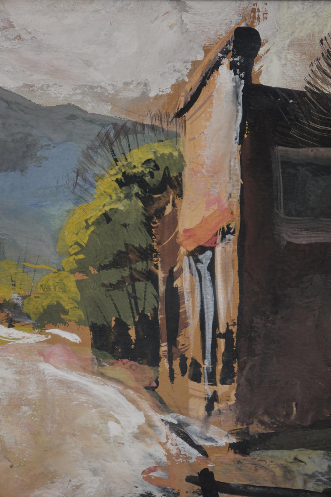 Kleinstadtlandschaft mit Brücke und Fluss, Mitte des 20. Jahrhunderts Cleveland School Artist (Grau), Figurative Painting, von Carl Frederick Gaertner