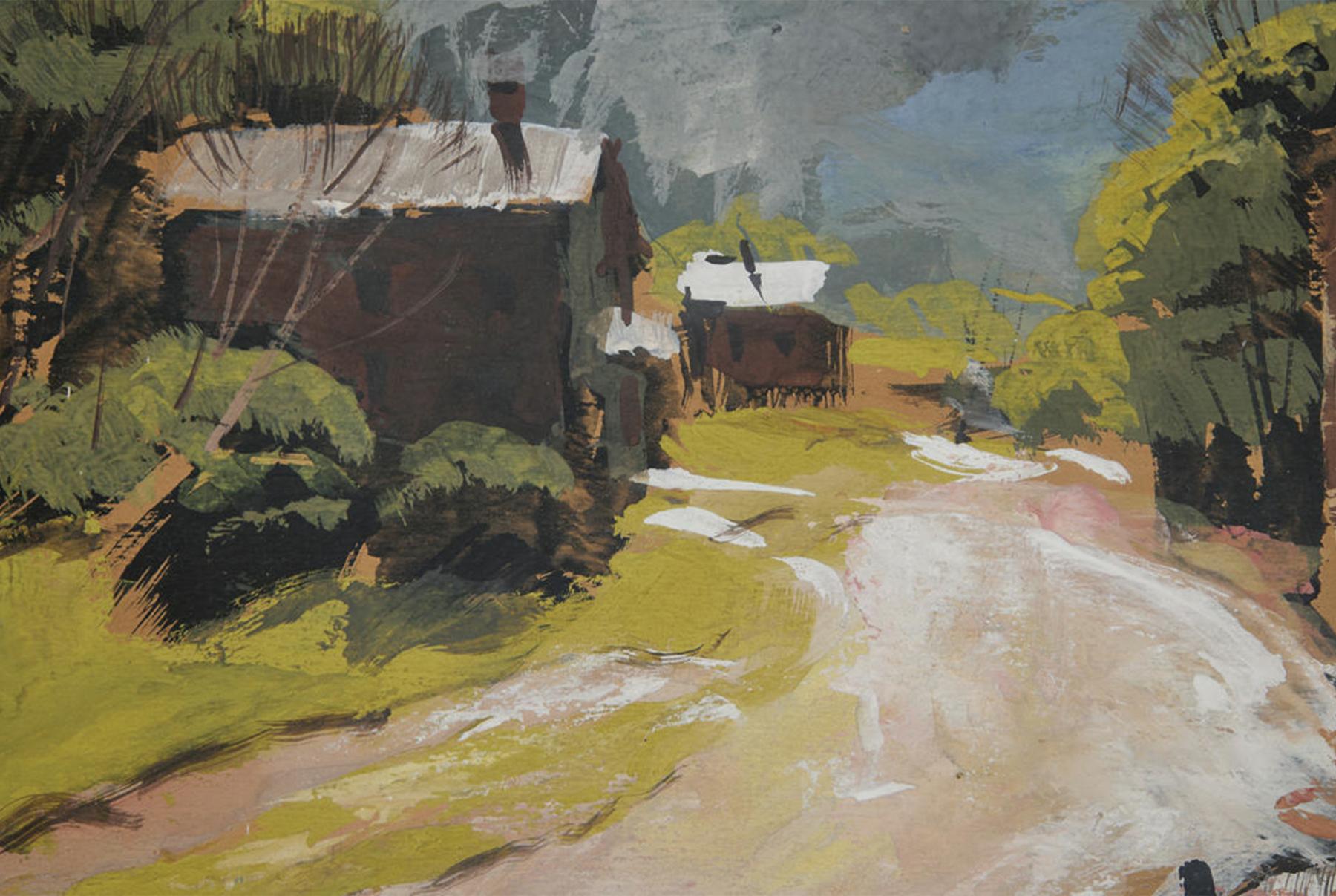 Kleinstadtlandschaft mit Brücke und Fluss, Mitte des 20. Jahrhunderts Cleveland School Artist im Angebot 1