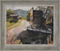 Kleinstadtlandschaft mit Brücke und Fluss, Mitte des 20. Jahrhunderts Cleveland School Artist