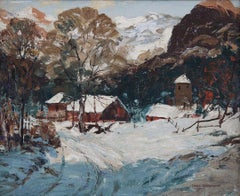 Paesaggio invernale con fienile rosso, artista della scuola di Cleveland del XX secolo