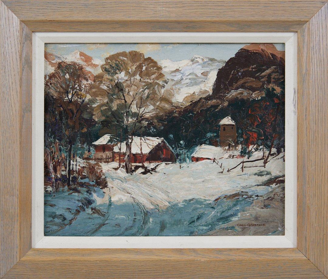 Carl Frederick Gaertner Landscape Painting - Winter Landscape w/ Red Barn, 20th Century Cleveland School Artist