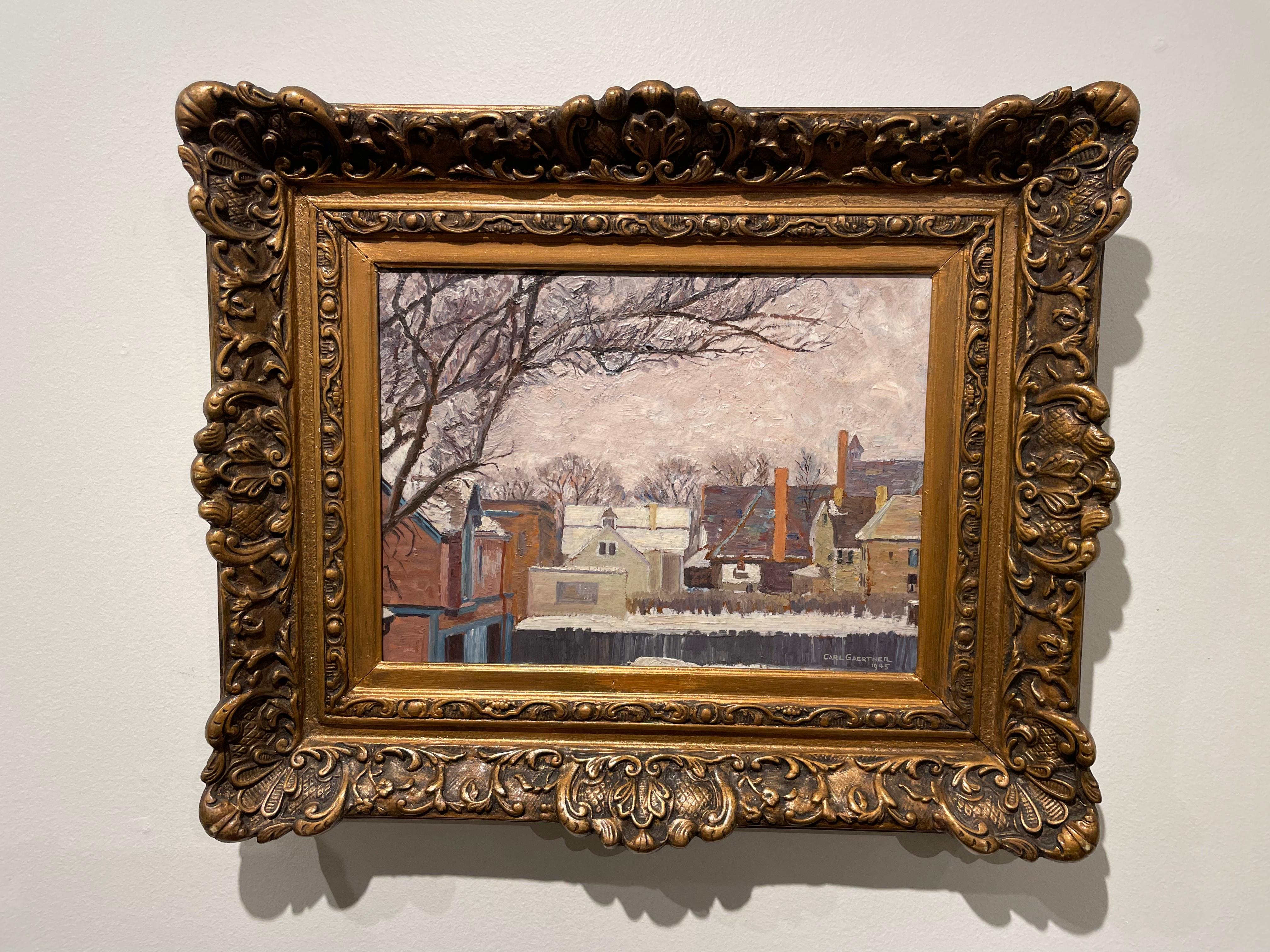 Coqs d'hiver, paysage de jardin, scène américaine, artiste de l'école de Cleveland en vente 3