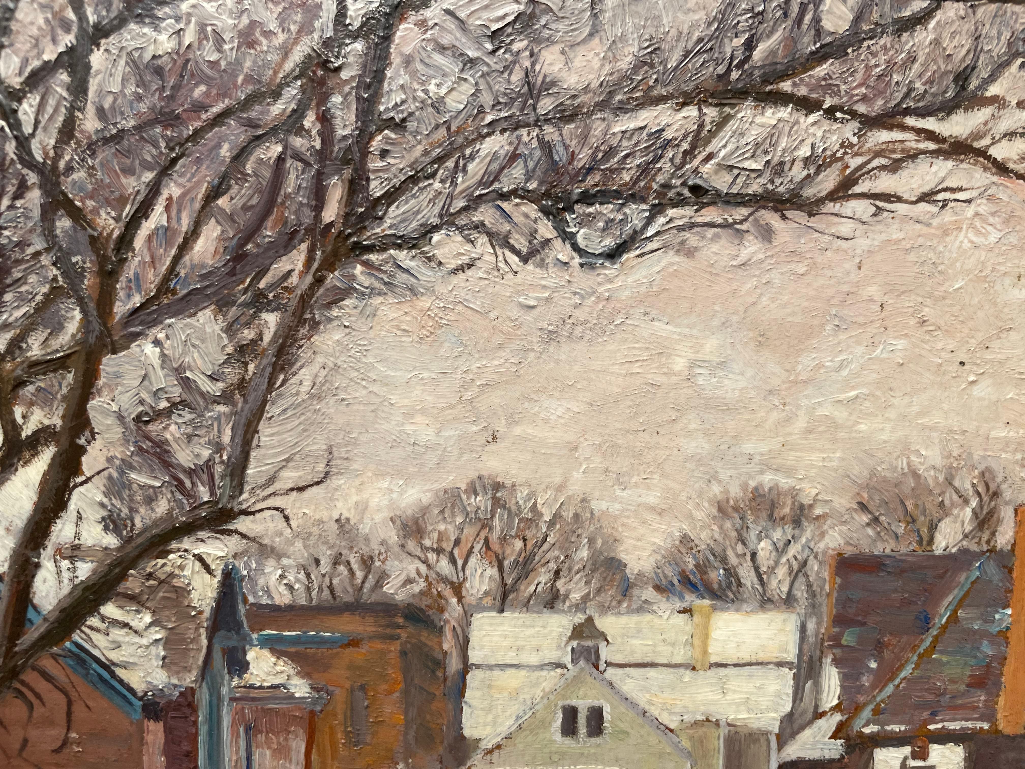 Coqs d'hiver, paysage de jardin, scène américaine, artiste de l'école de Cleveland en vente 5