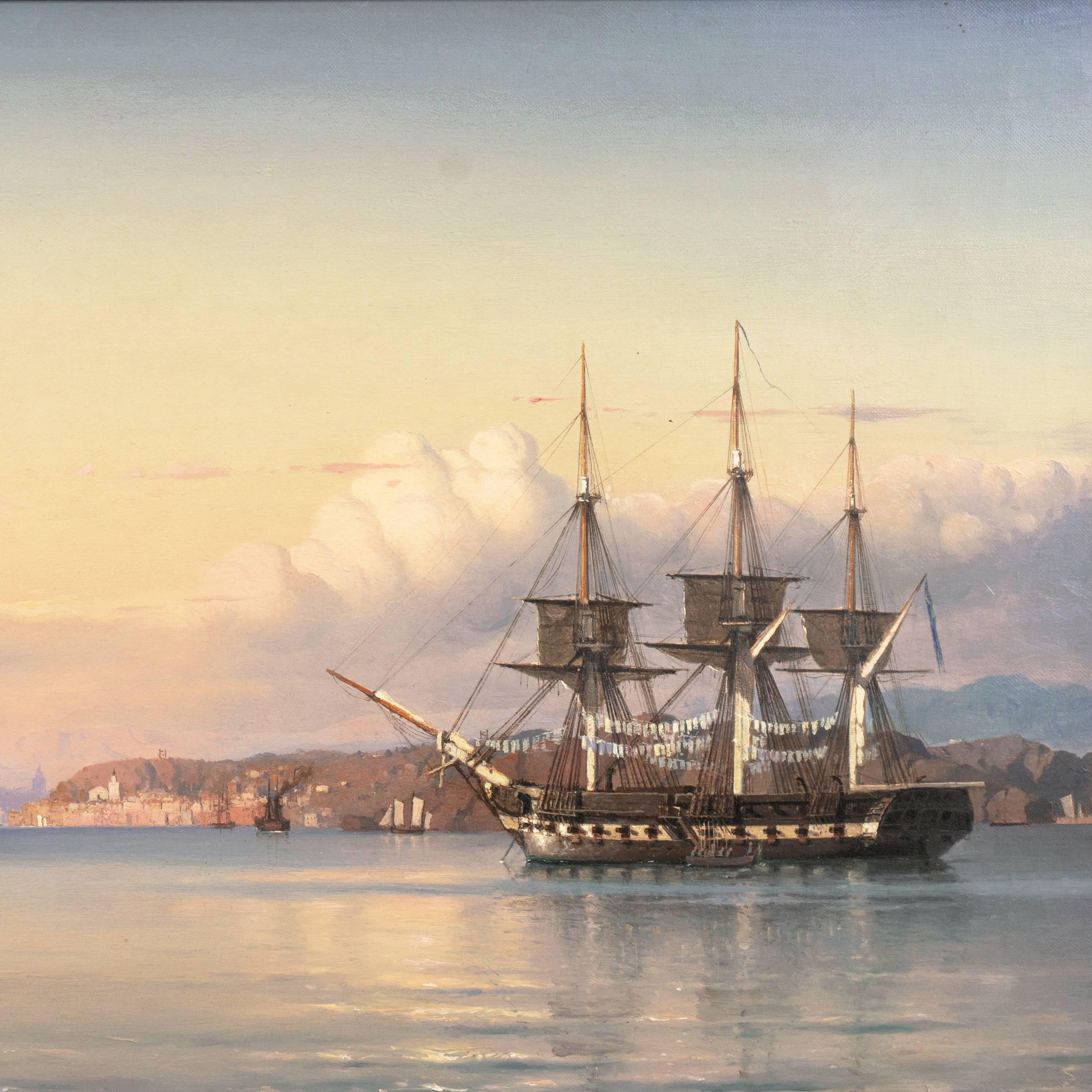 'A Three-Masted Frigate off Capri', 19th Century Seascape, Royal Naval Museum   - Beige Landscape Painting by Carl Frederik Sørensen