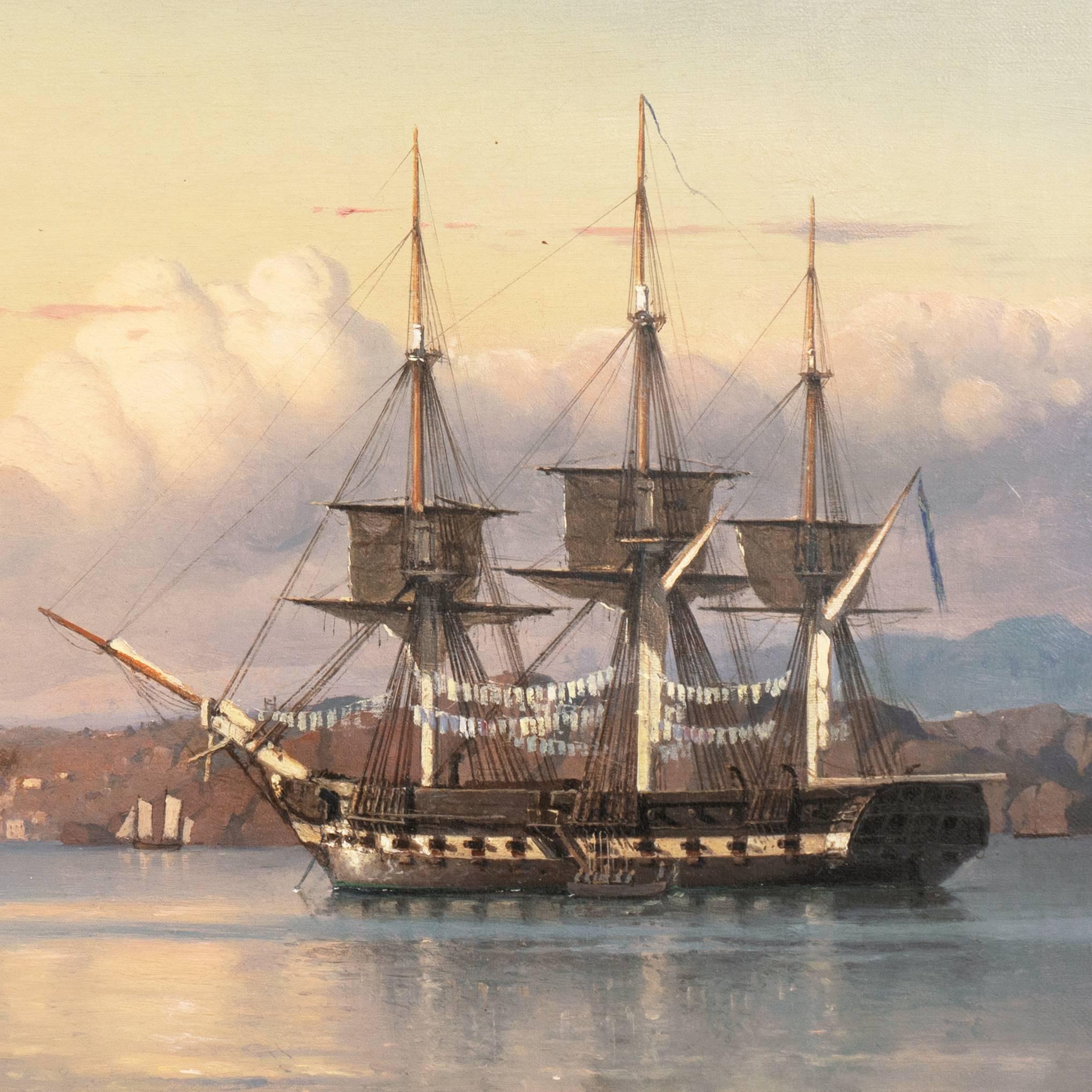 « Une flèche à trois mâts au large de Capri », paysage marin du 19e siècle, Musée royal de la marine   en vente 3