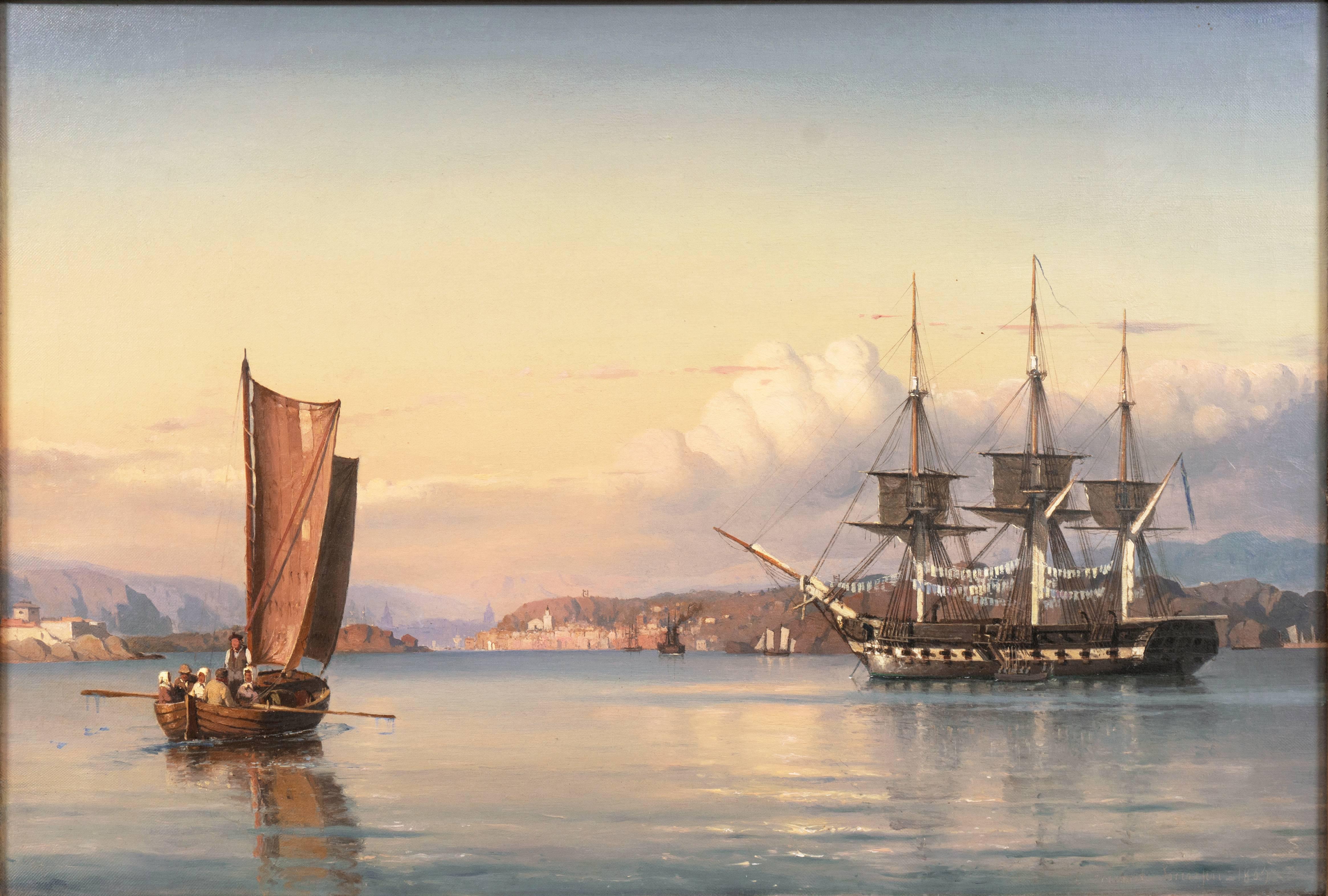 Landscape Painting Carl Frederik Sørensen - « Une flèche à trois mâts au large de Capri », paysage marin du 19e siècle, Musée royal de la marine  