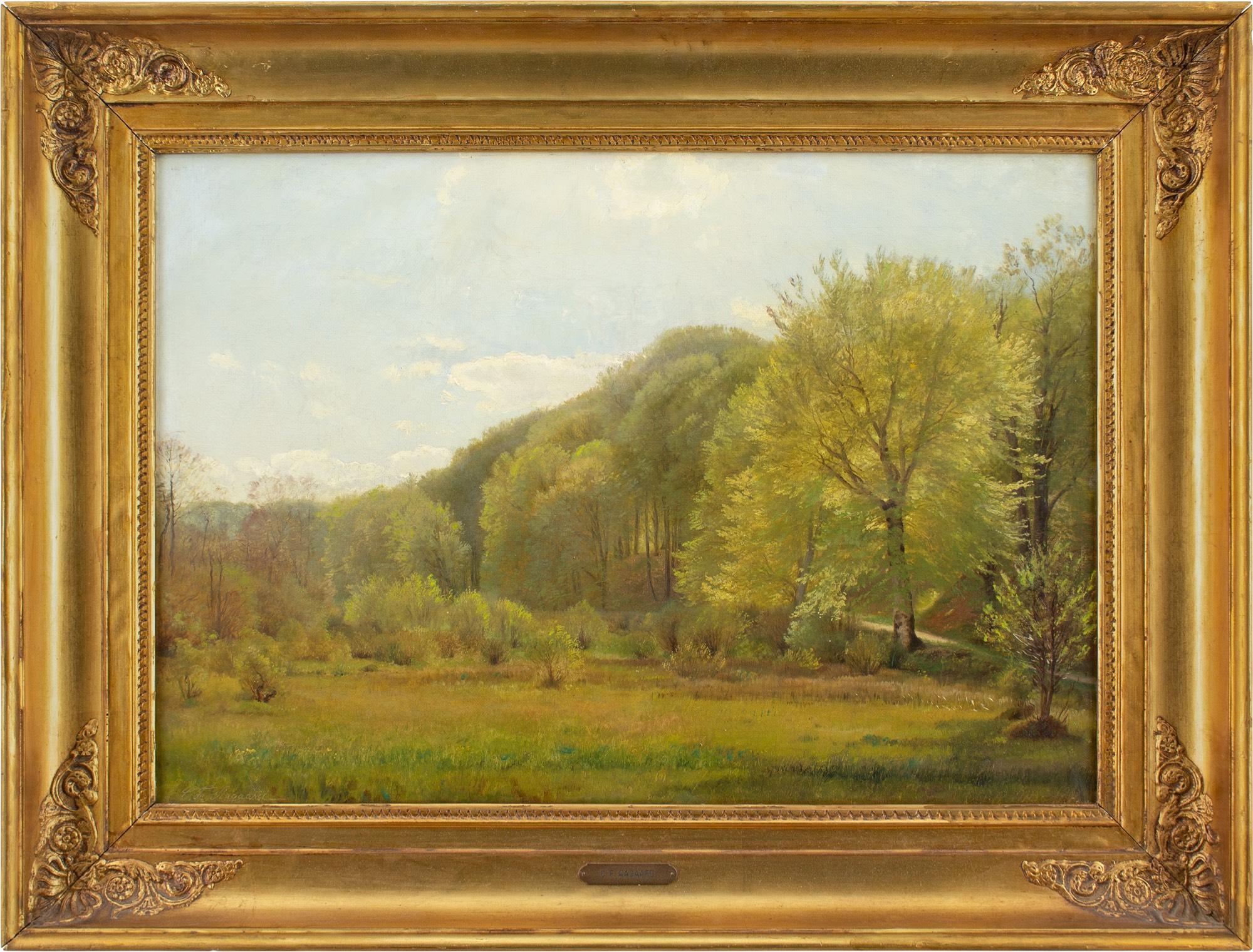 This mid-19th-century oil painting by Danish artist Carl Frederik Aagaard (1833-1895) depicts a leafy view at Dyrehaven (the Deerpark), north of Copenhagen. It’s an accomplished work rendered in gentle tonal shifts.

Born in Odense, the son of a