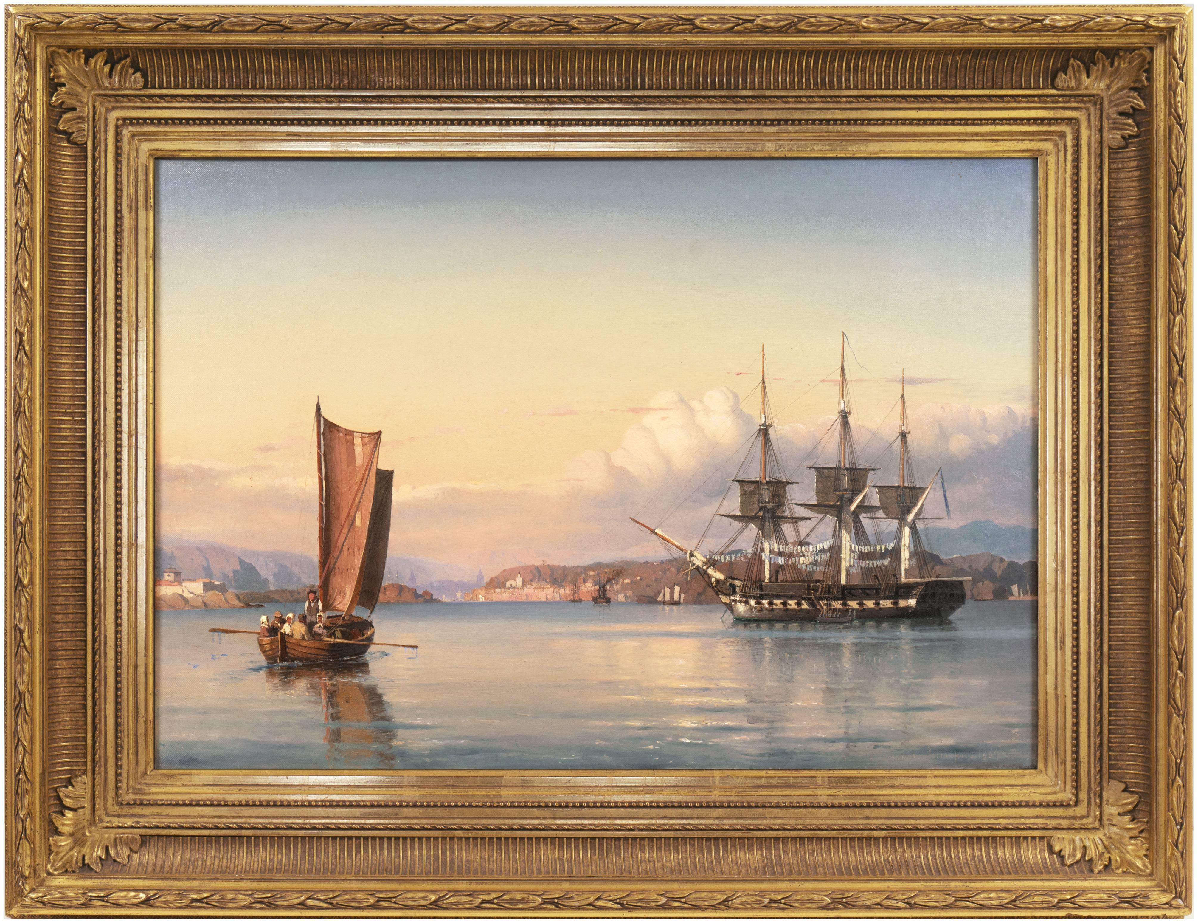 'A Three-Masted Frigate off Capri', 19th Century Seascape, Royal Naval Museum - Realist Painting by Carl Frederik Sørensen