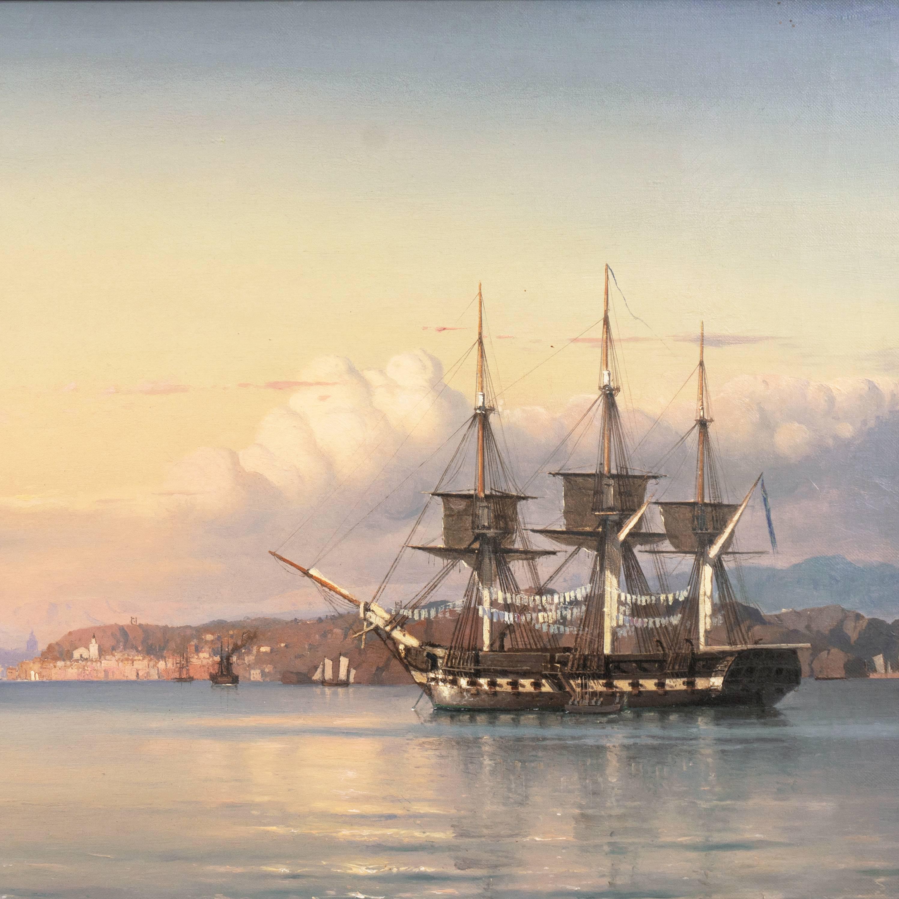 'A Three-Masted Frigate off Capri', 19th Century Seascape, Royal Naval Museum For Sale 4