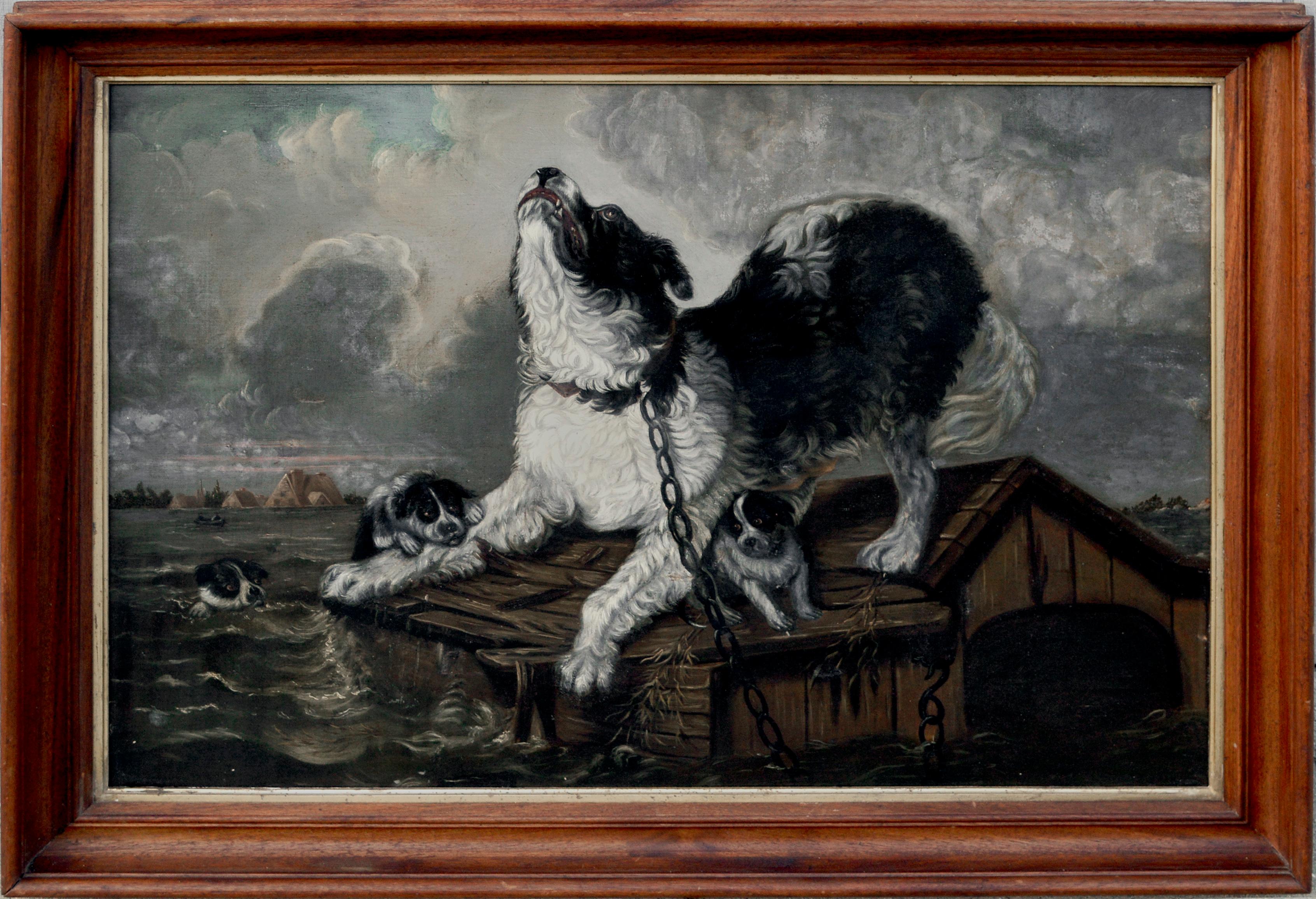 Carl Fredrik Kiorboe Landscape Painting -  "Inundation" after Carl Fredrik Kiörboe - "ÖVERSVÄMNING"  Dogs During a Flood 
