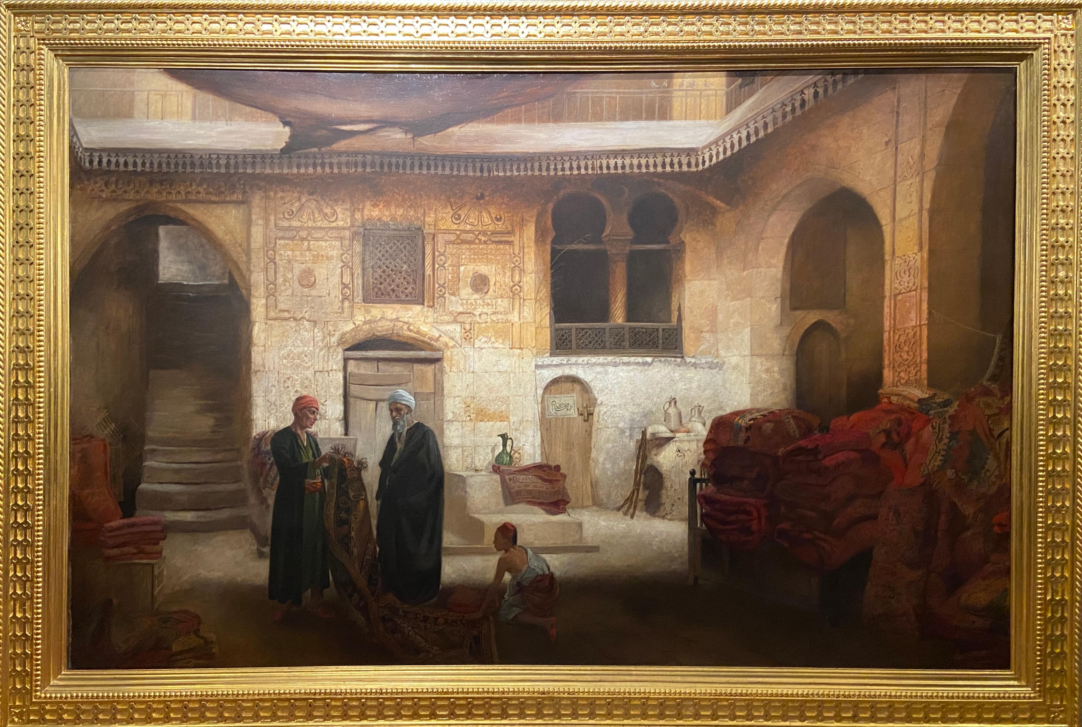 The Rug Merchant, 19th Century Orientalist Oil Signed Oil Painting, 1879 - Brown Figurative Painting by Carl Friedrich Heinrich Werner