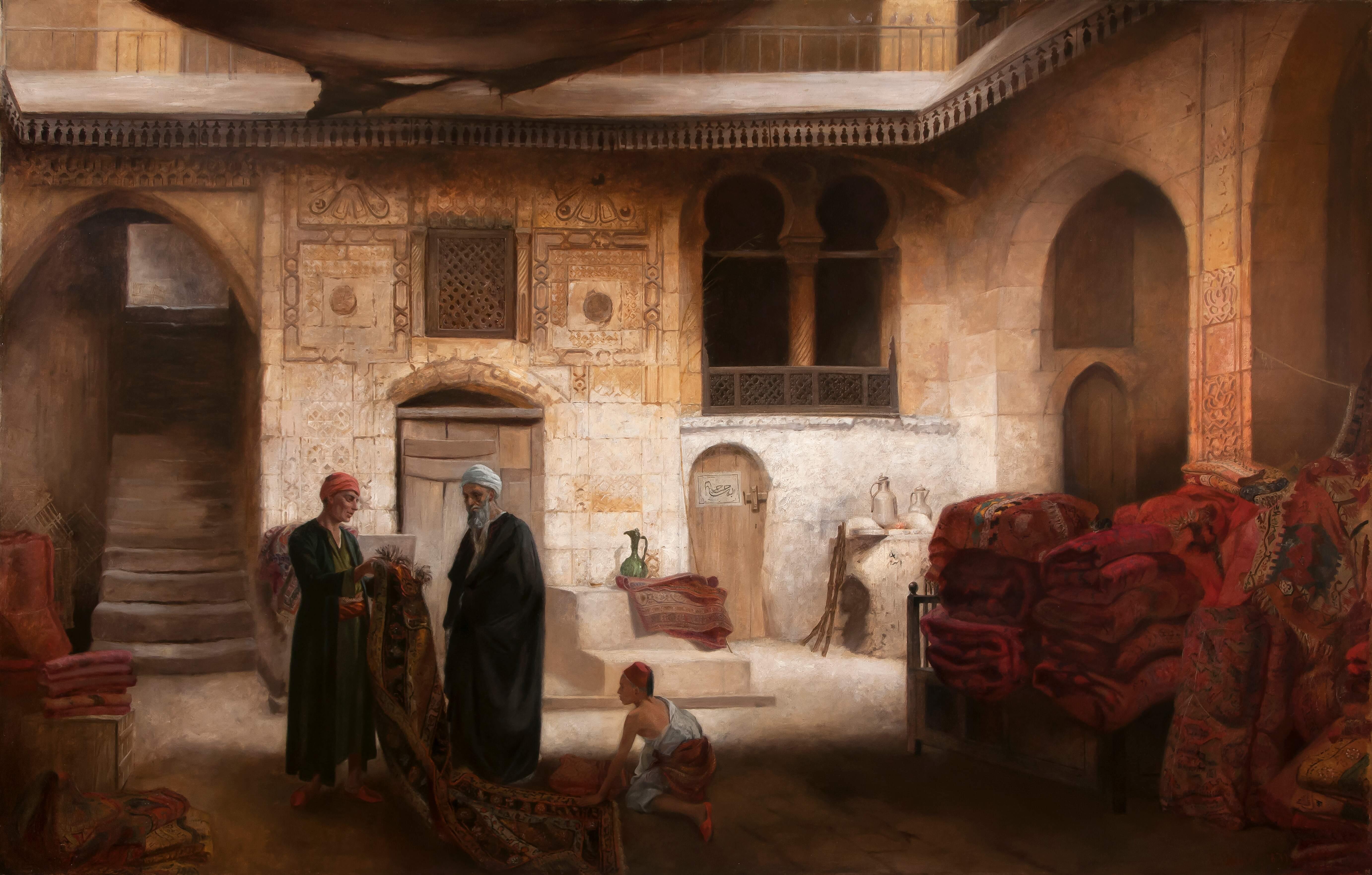 Carl Friedrich Heinrich Werner Figurative Painting - The Rug Merchant, 19th Century Orientalist Oil Signed Oil Painting, 1879