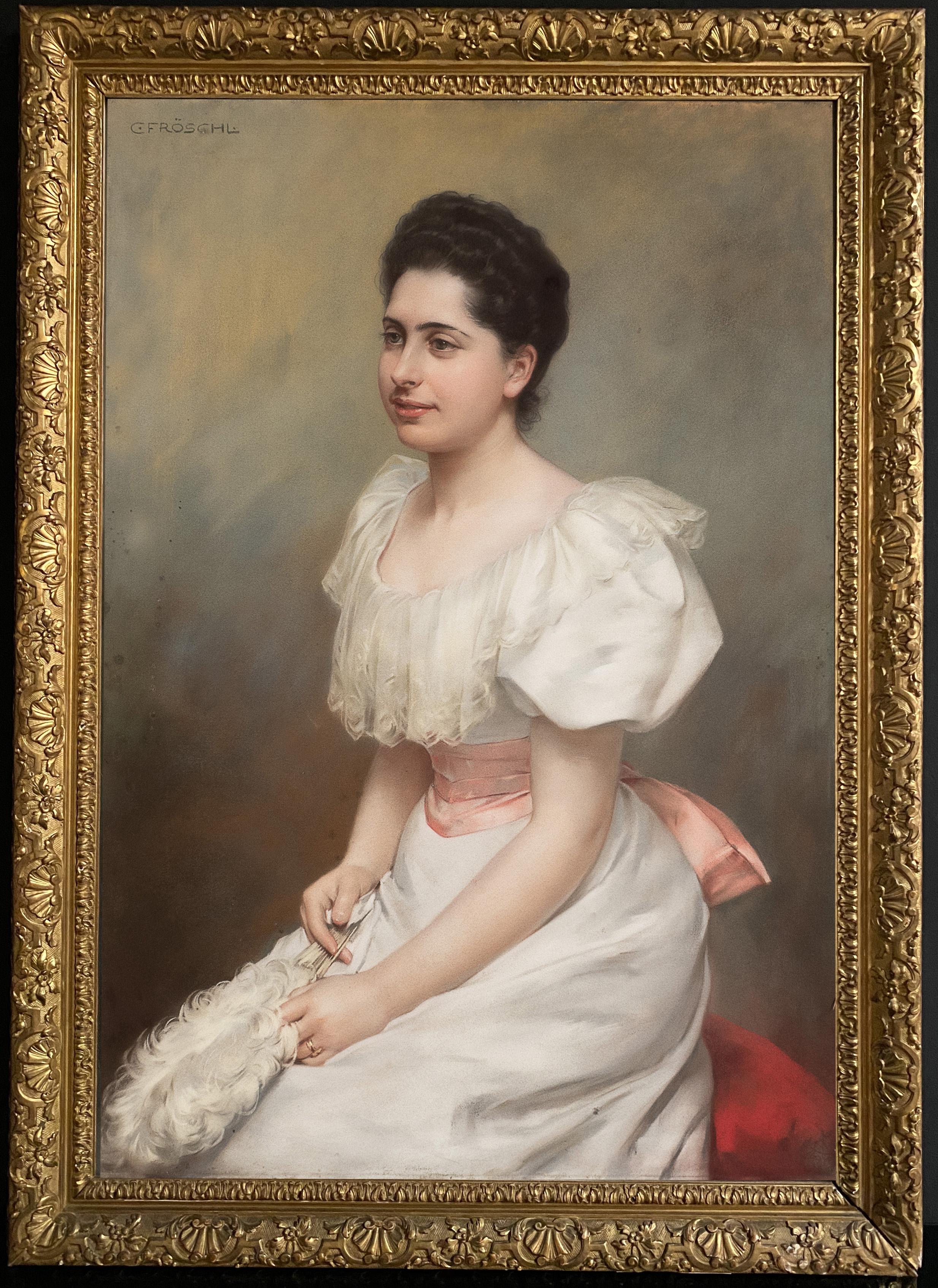 Portrait Painting Carl Froschl - Portrait gracieux de la comtesse Carrobio au pastel sur toile, 1910 environ 