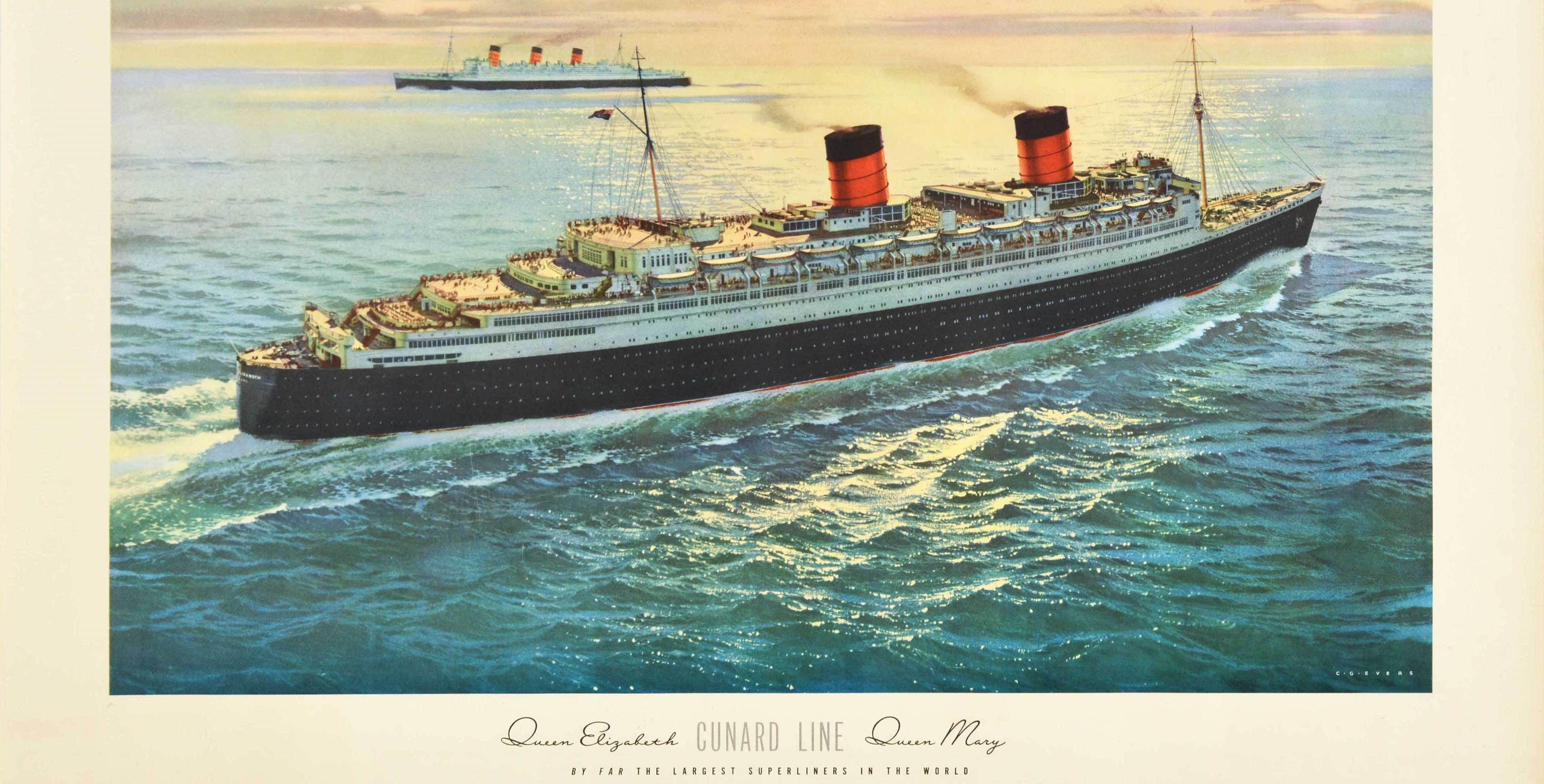 Cartel original de época de viajes en crucero para el Queen Elizabeth Queen Mary de Cunard Line, con diferencia, el mayor superlínea del mundo. Gran obra de arte de Carl G. Evers (1970-2000) de los dos transatlánticos en alta mar mostrando al Queen