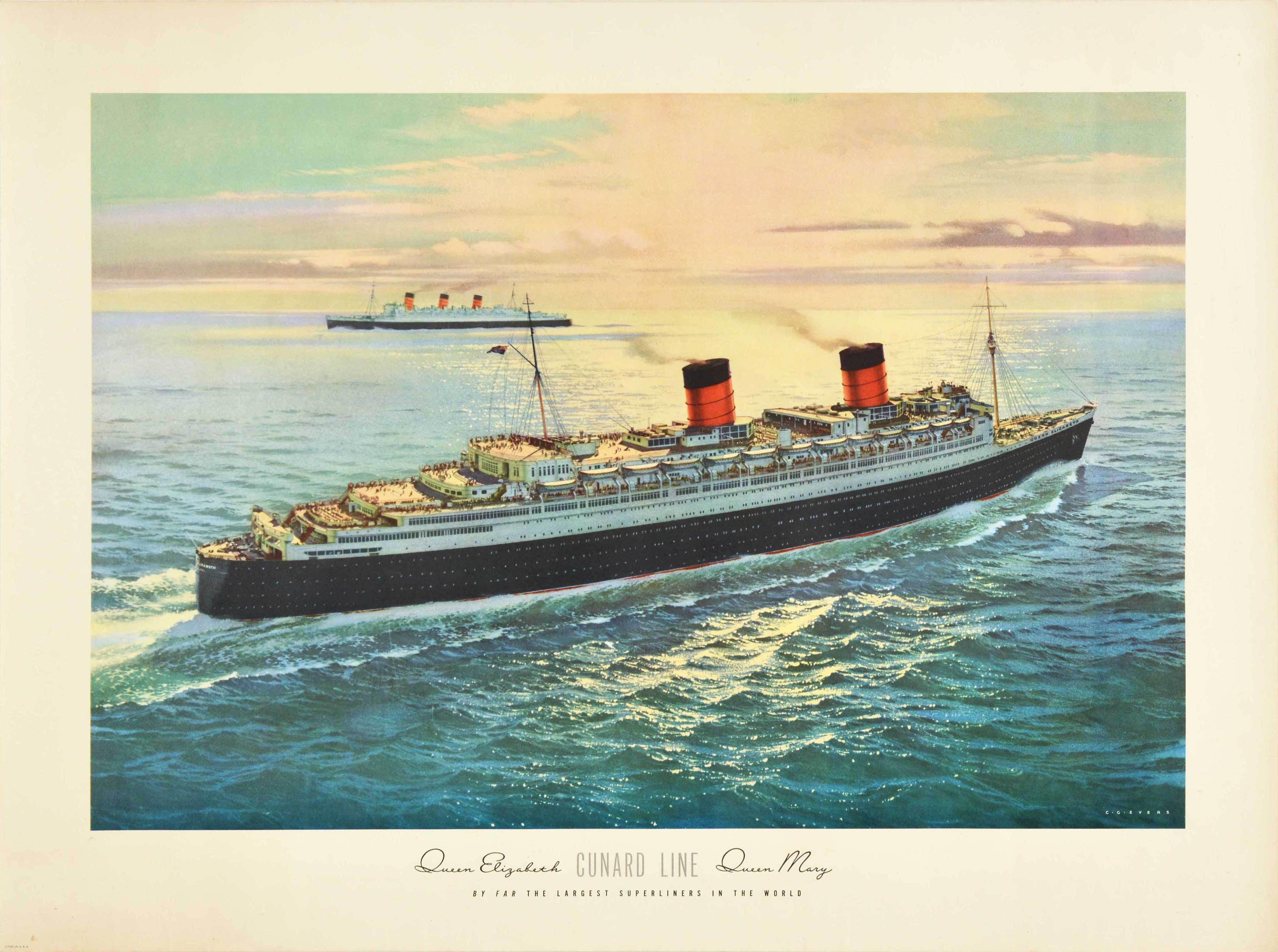 Carl G. Evers Print - Original Vintage Poster Queen Elizabeth Queen Mary Cunard Line Cruise Travel Art