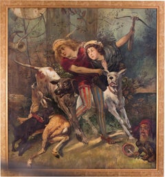 Large 19th Century German oil figurative painting of a deer hunt