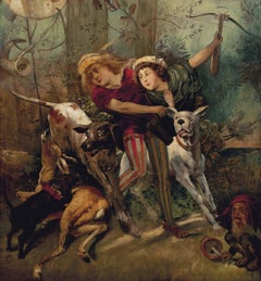 Large 19th Century German oil figurative painting of a deer hunt