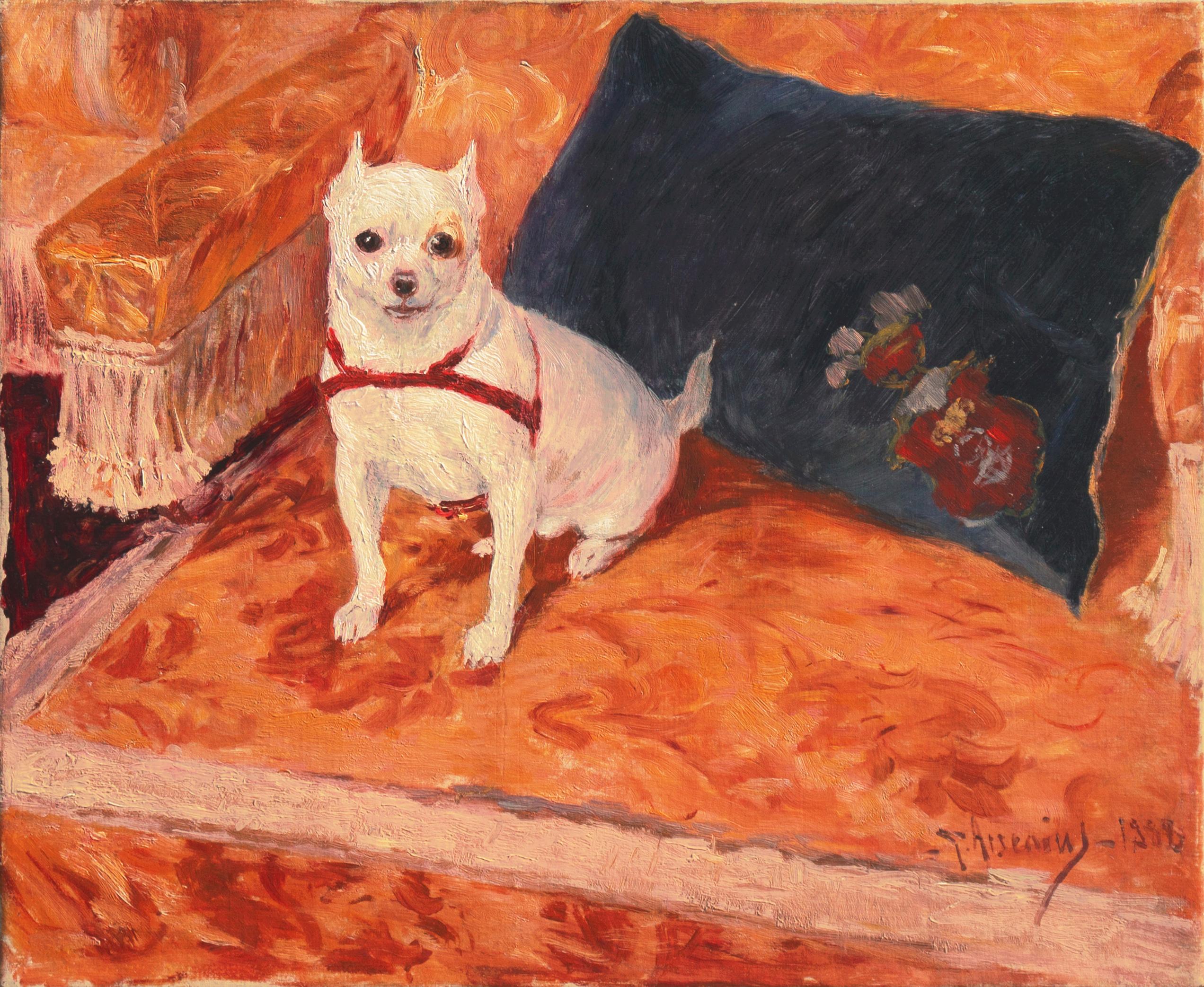 Carl Georg Arsenius Animal Painting - 'Chihuahua on a Velvet Armchair', Académie Julian, Paris, Royal Academy, Benezit
