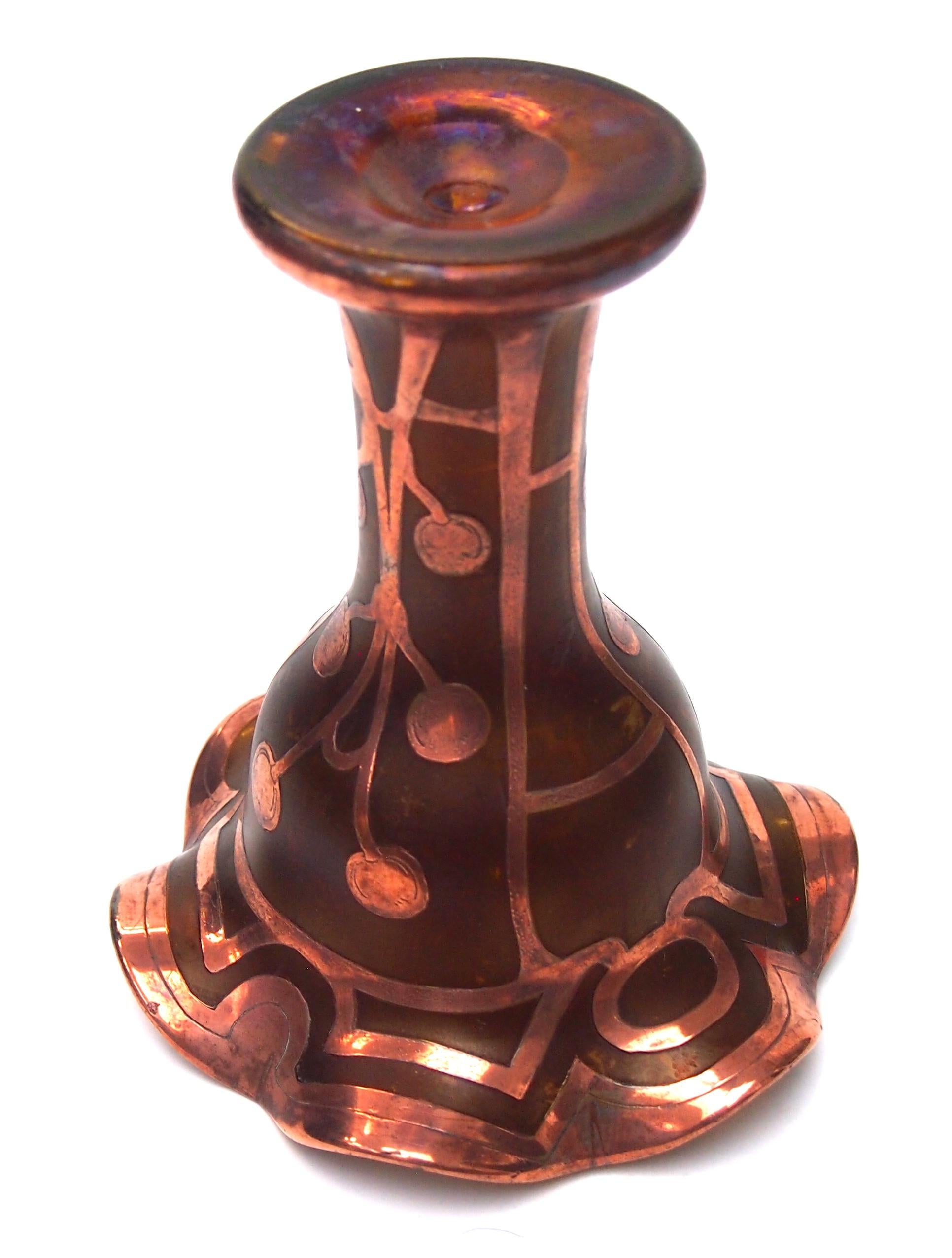 Carl Goldberg  metal -like Glass vase with stylised copper overlay c1900 In Good Condition For Sale In Worcester Park, GB