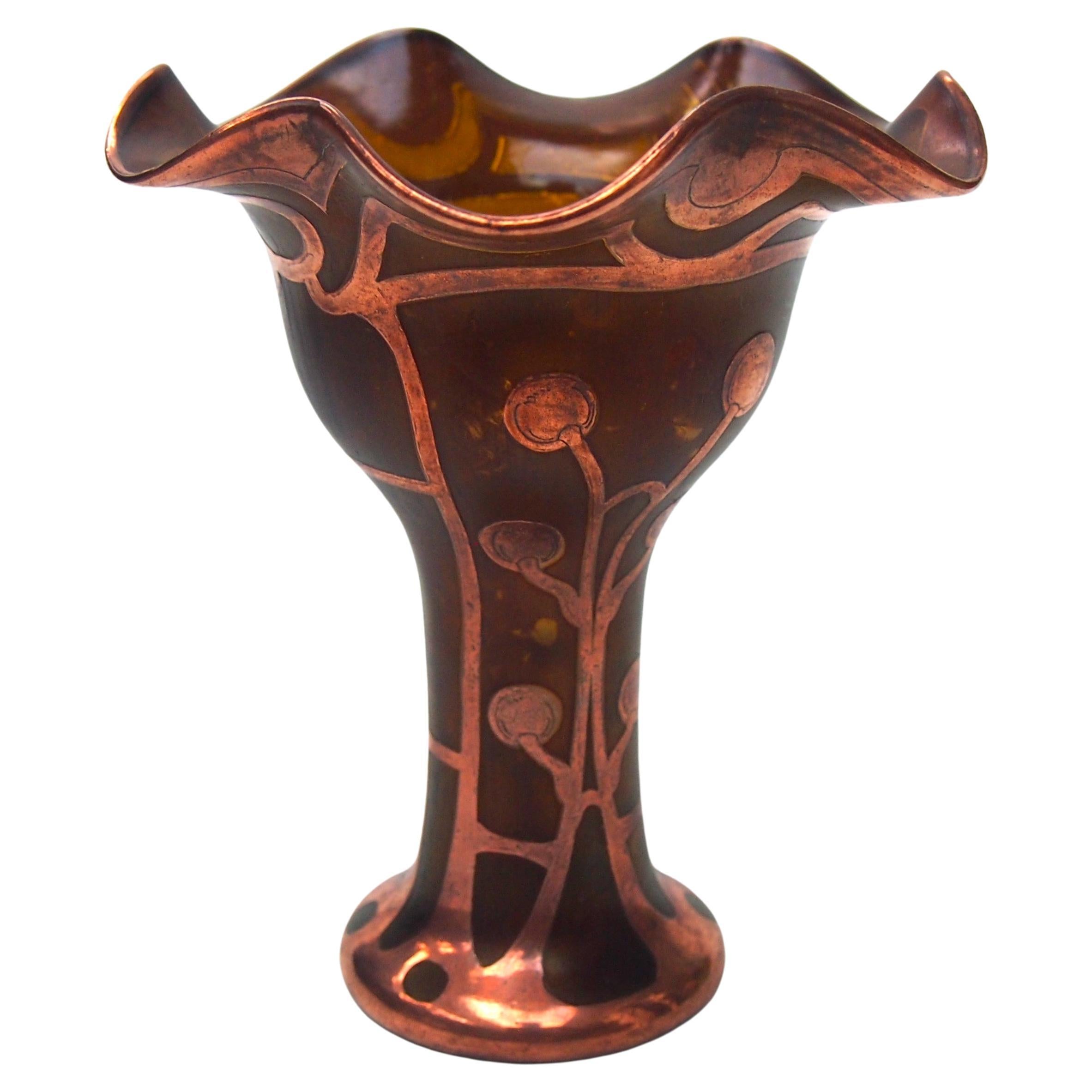 Carl Goldberg  metal -like Glass vase with stylised copper overlay c1900 For Sale