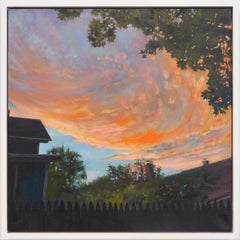 Backyard Sunset (Contemporary Landscape Oil Painting by Carl Grauer, Framed)
