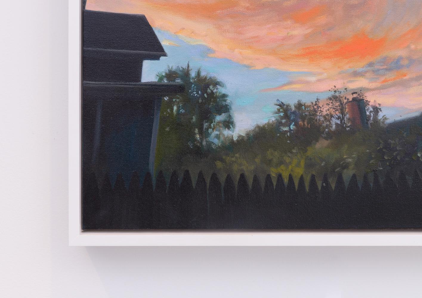 Coucher de soleil dans la cour (peinture à l'huile contemporaine de Carl Grauer, encadrée) en vente 3