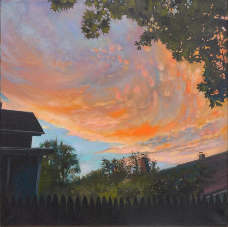 Backyard Sunset (Contemporary Landscape Oil Painting by Carl Grauer, Framed) 