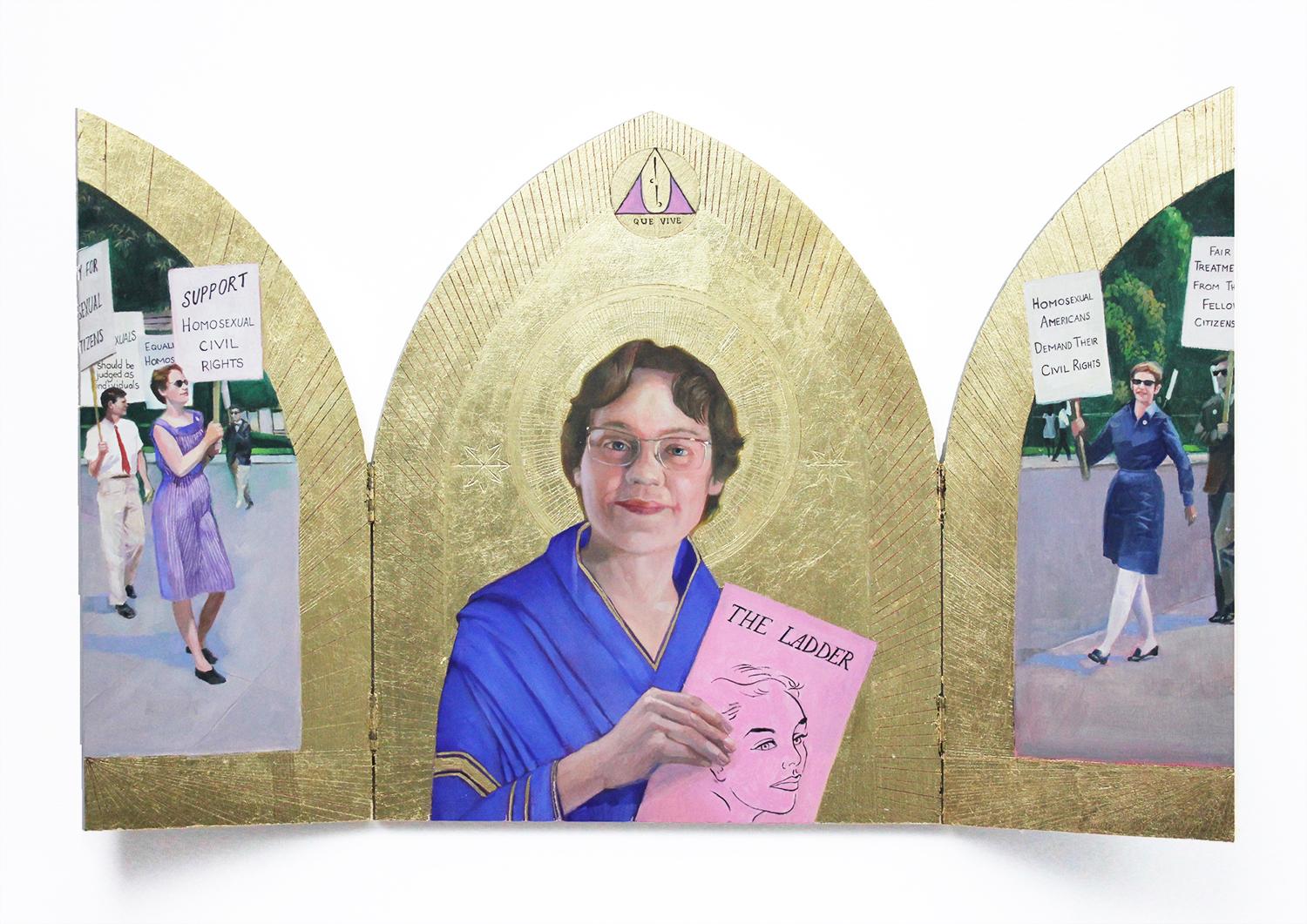 Barbara Gittings (Figuratives Gemälde eines LGBTQ-Ikons in goldenem Triptychon-Rahmen)