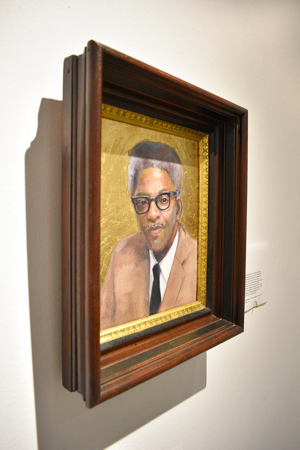 Bayard Rustin (Portrait Painting of LGBTQ Icon with Gold Leaf & Wood Frame) - Brown Figurative Painting by Carl Grauer