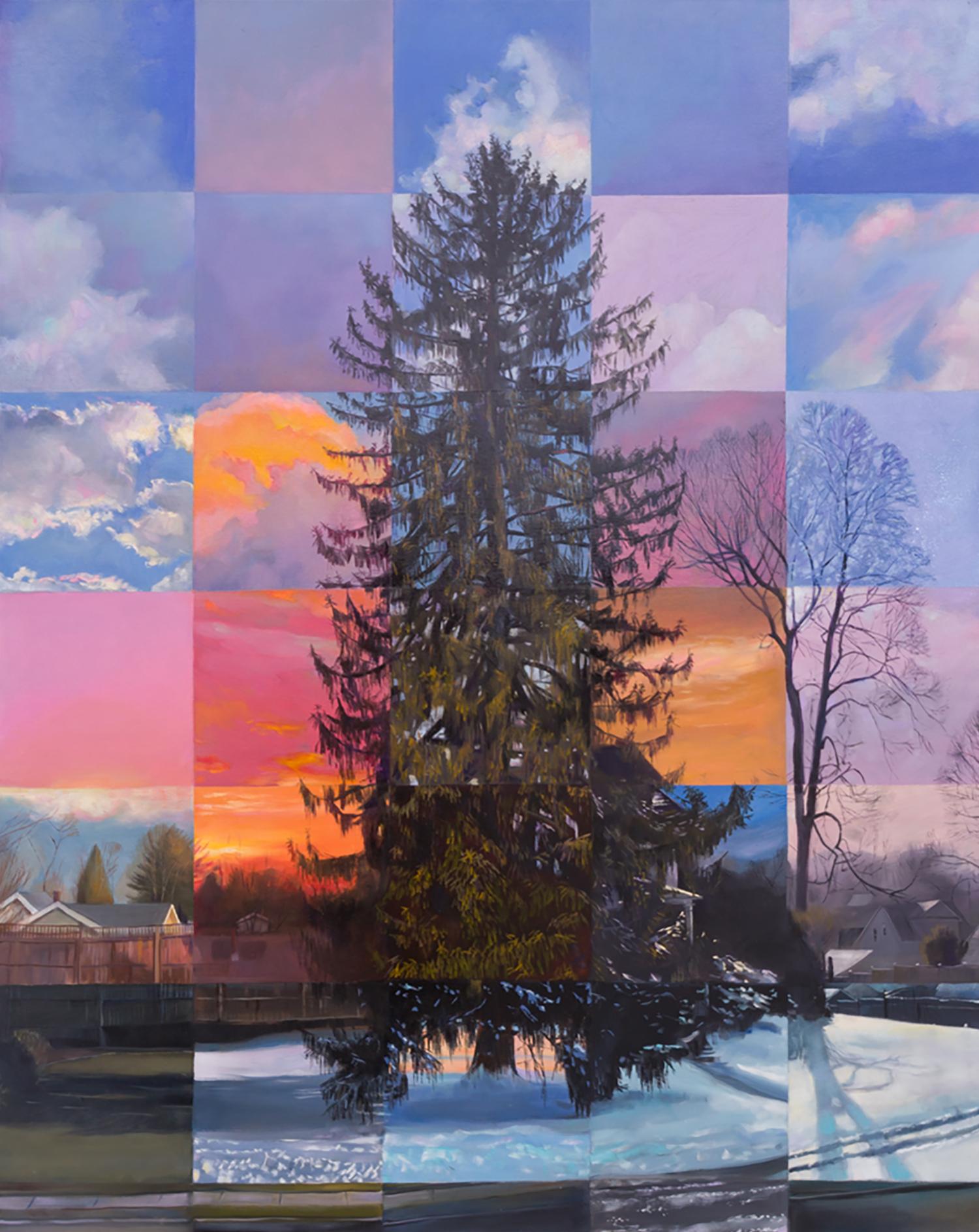 Coniferous Sky (Contemporary Still Life Painting of Pine Tree with Magenta Sky)