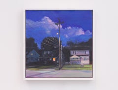 Evening Blue Clouds (Realist Landscape Oil Painting of Small Town Night Scene)