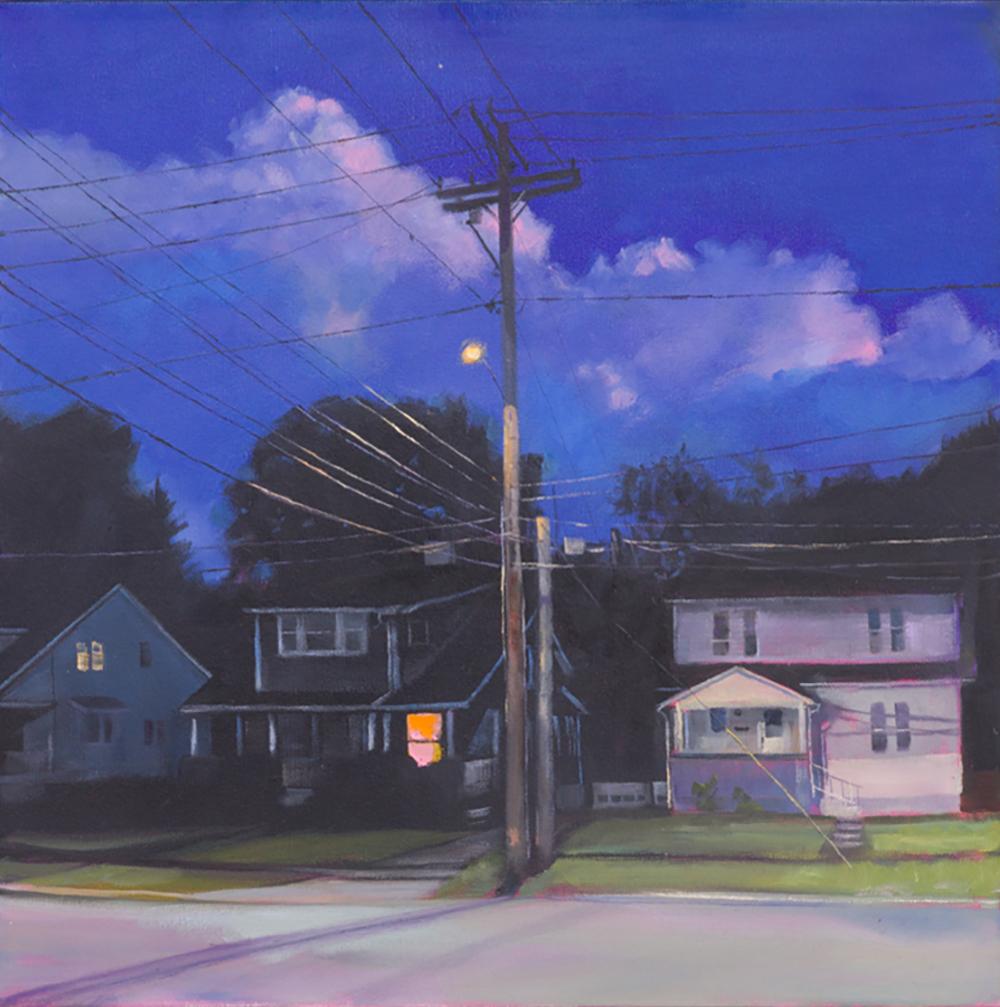 Evening Blue Clouds (Realist Landscape Oil Painting of Small Town Night Scene) 