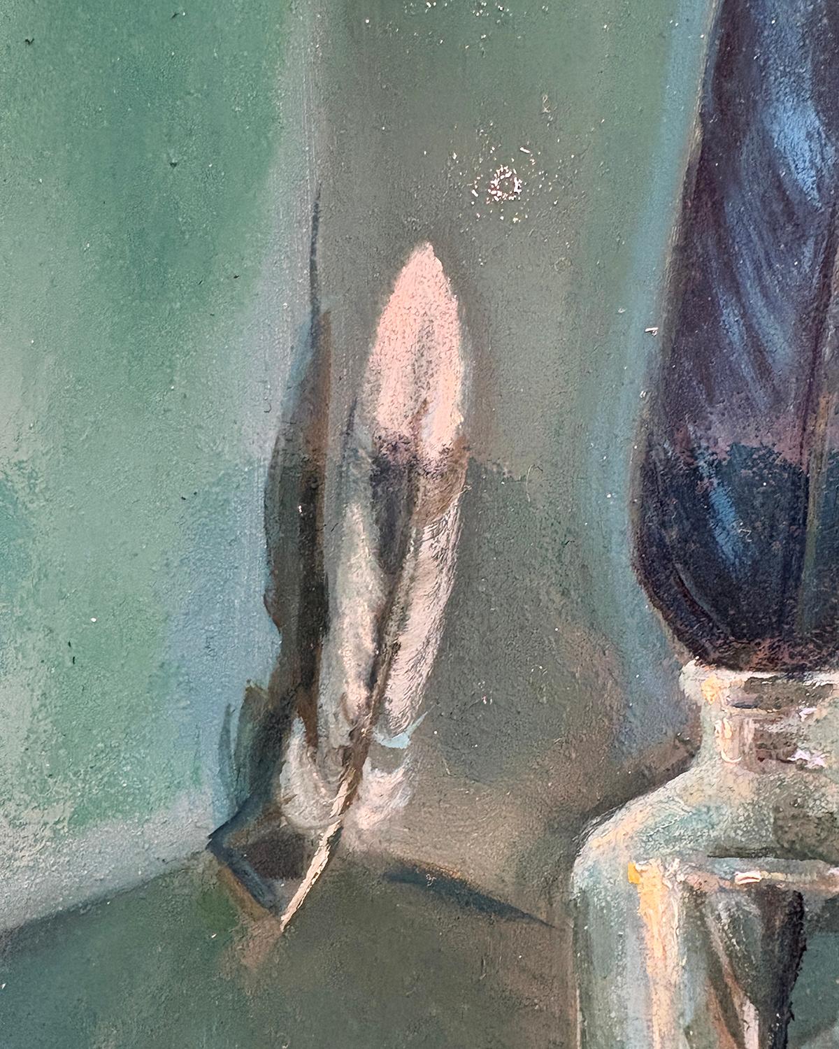 Pluma (Bodegón contemporáneo en tonos azules de pluma en tarro pequeño) - Painting de Carl Grauer