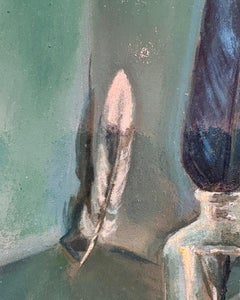 Feather (Blue Toned Contemporary Still Life of Feather in Small Jar)
