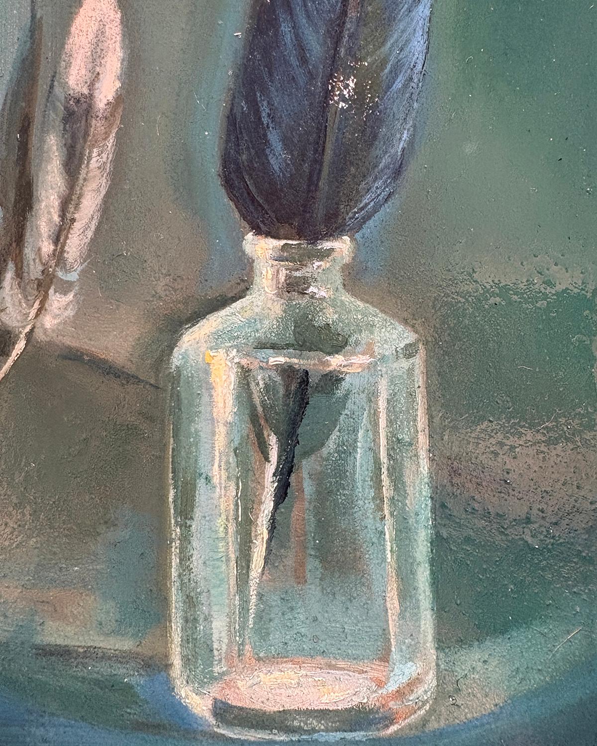 Pluma (Bodegón contemporáneo en tonos azules de pluma en tarro pequeño) - Painting Contemporáneo de Carl Grauer