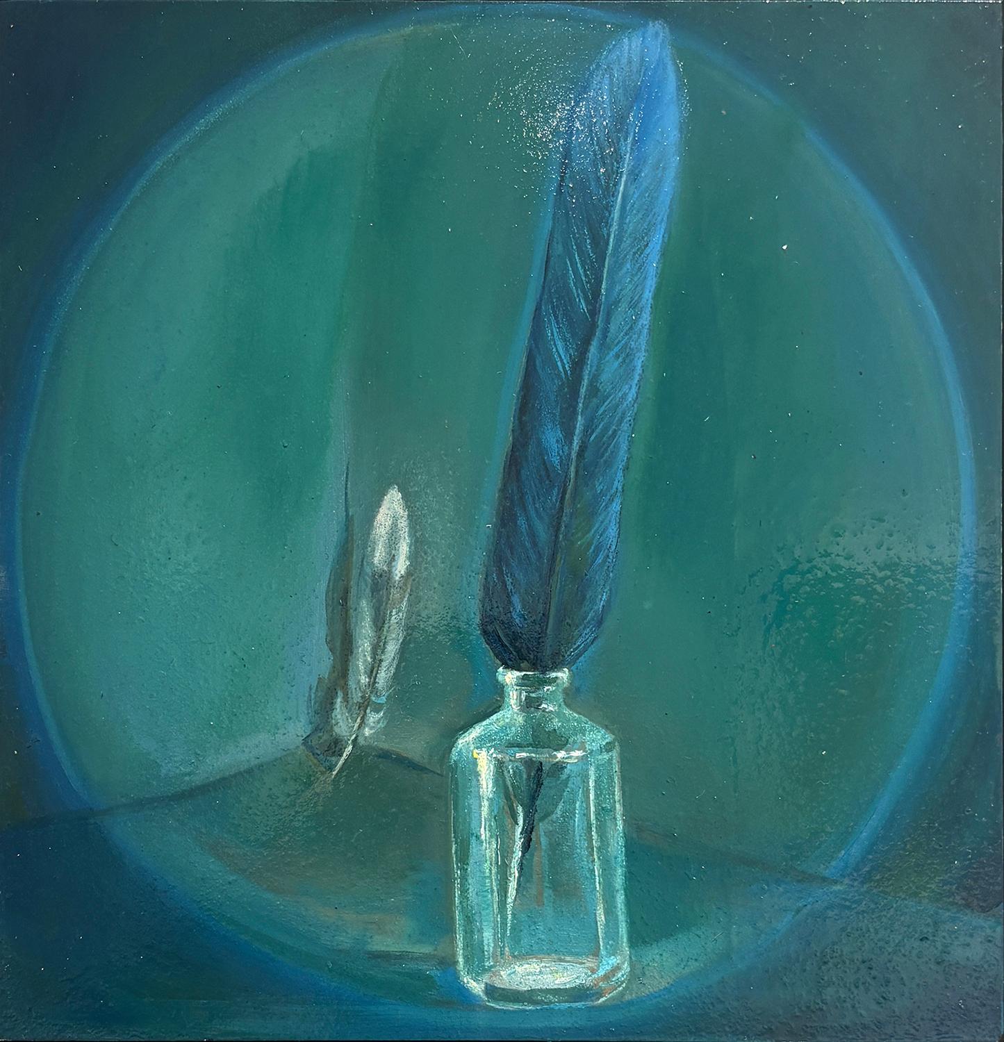 Still-Life Painting de Carl Grauer - Pluma (Bodegón contemporáneo en tonos azules de pluma en tarro pequeño)