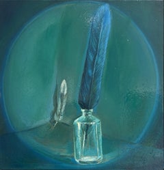 Feather (Blue Toned Contemporary Still Life of Feather in Small Jar)