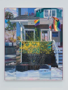 Forsythia Blooming (Abstracted Realist Landscape Painting of Residential Home)