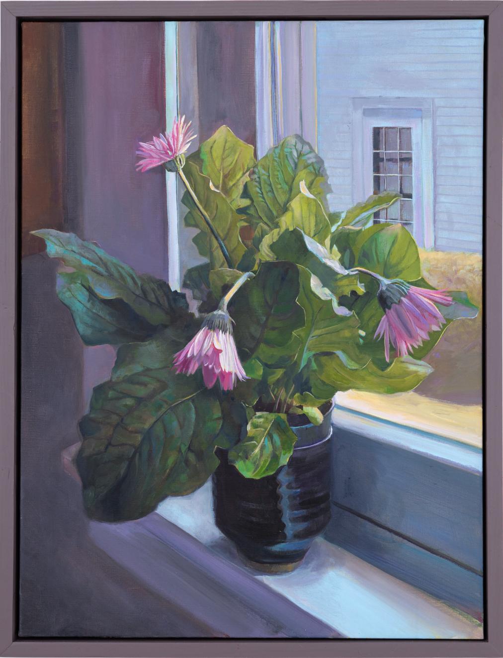 Gerber Daisy (Contemporary Still Life of Pink Flowers on Window Sill, Framed) - Painting by Carl Grauer