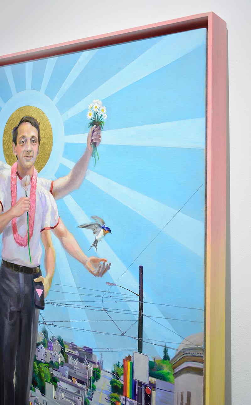 Harvey Milk (Figuartive Painting of LGBTQ Icon Harvey Milk in Rainbow Frame) - Gold Figurative Painting by Carl Grauer