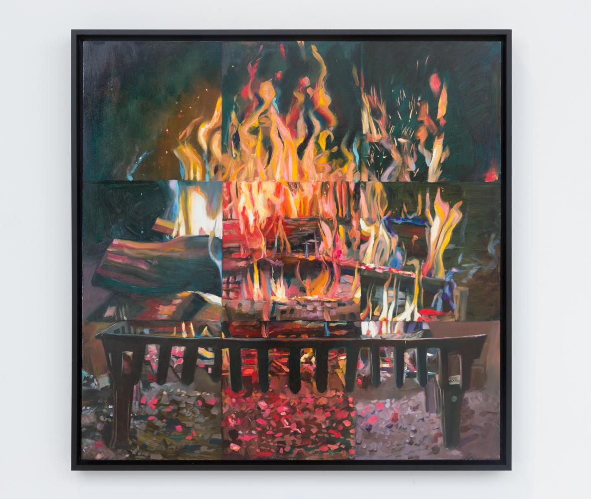 Hearth (Abstracted Still Life Painting of a Red Flaming Fire Against Black) - Brown Landscape Painting by Carl Grauer