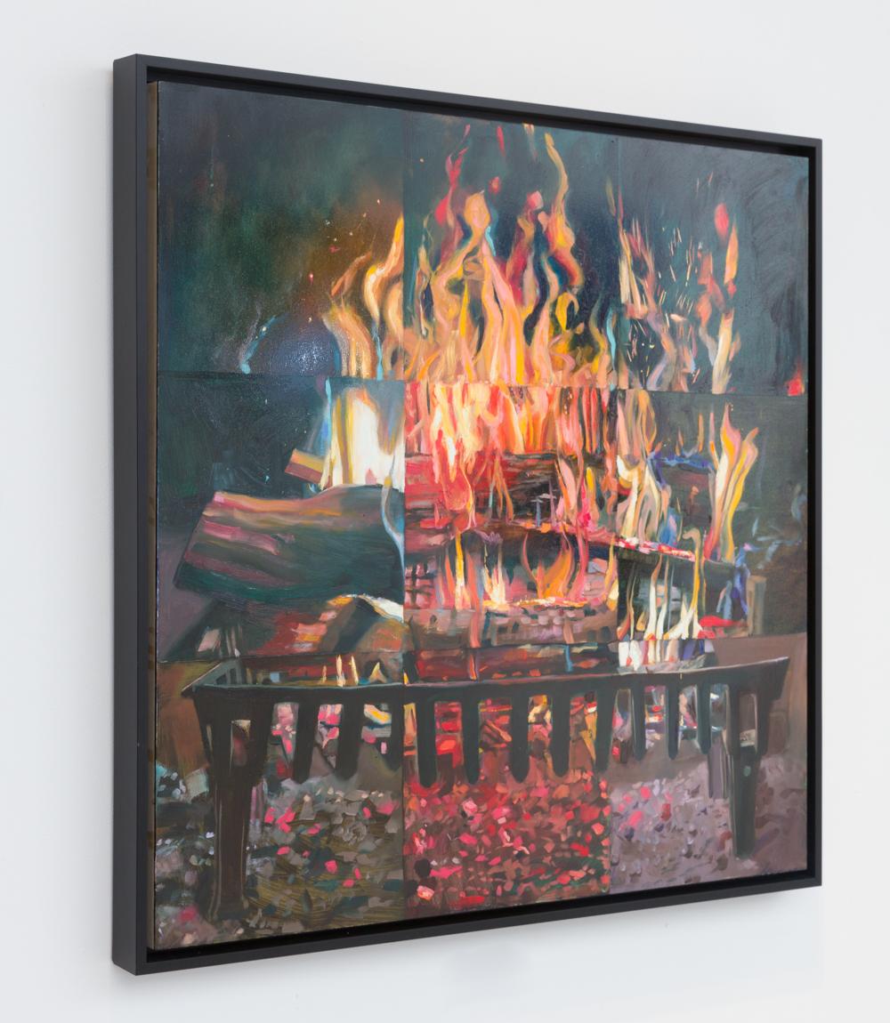 Abstracted still life painting of a flaming fireplace in vibrant red, orange, and yellow against black 
