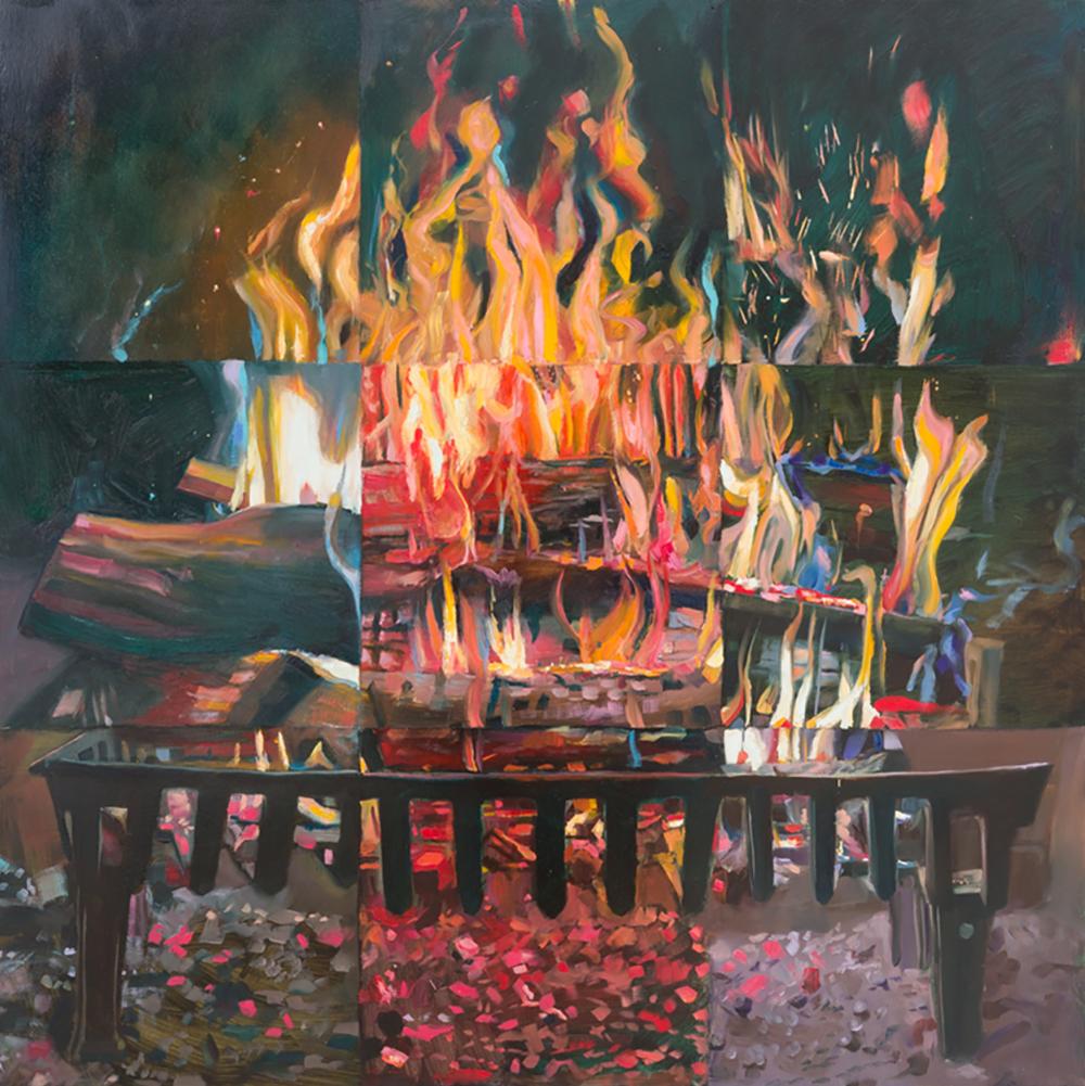 Carl Grauer Landscape Painting - Hearth (Abstracted Still Life Painting of a Red Flaming Fire Against Black)