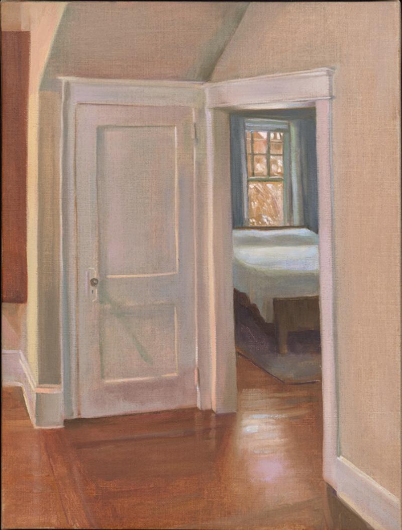 Dans la chambre à coucher (peinture d'intérieur contemporaine d'une porte de chambre à coucher)