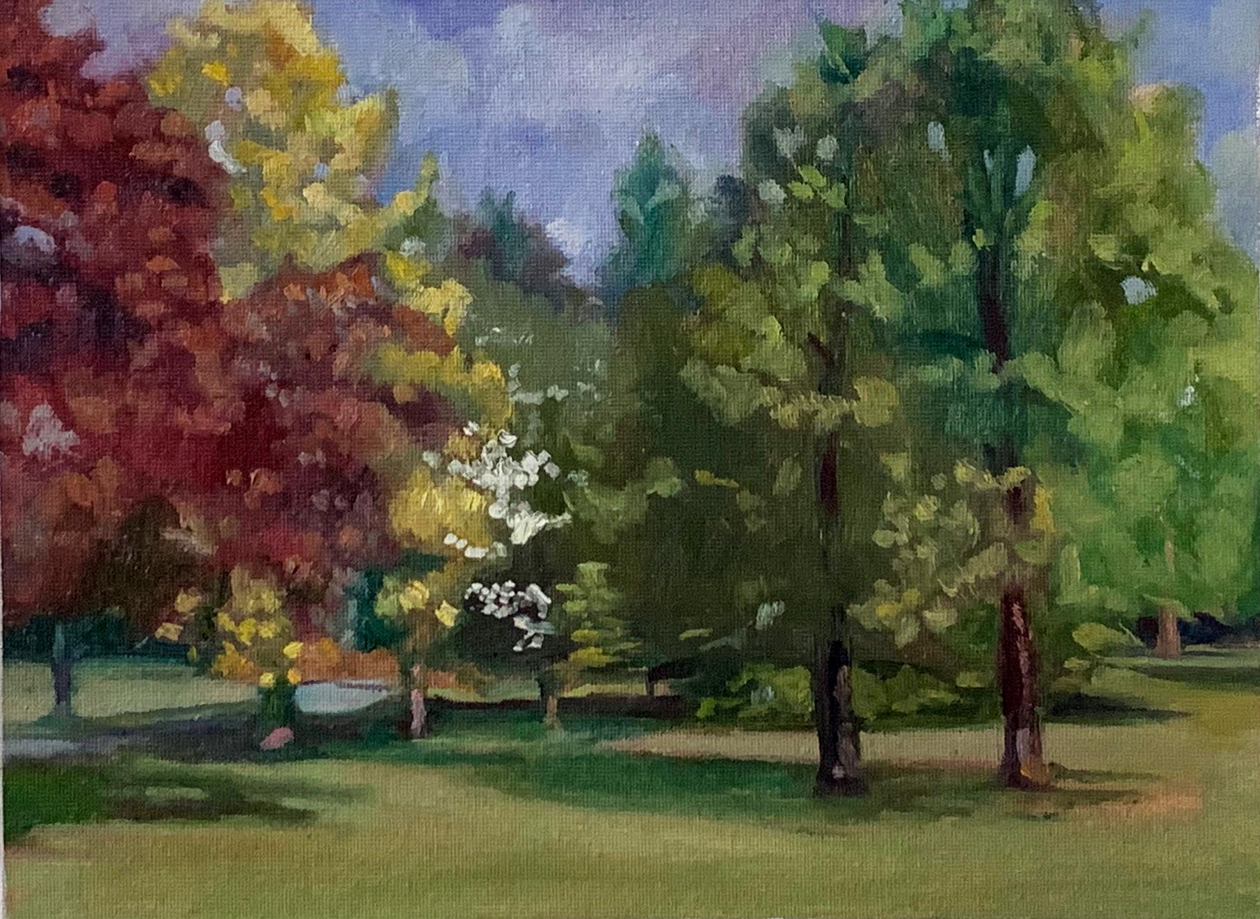 Carl Grauer Landscape Painting - July 13, 2020 (Plein Air Landscape, Trees Changing Colors, Framed)