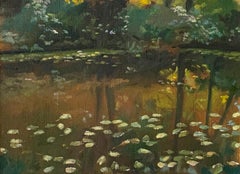 July 3, 2020 (Plein Air Landscape, Lily pads floating on a pond, framed)