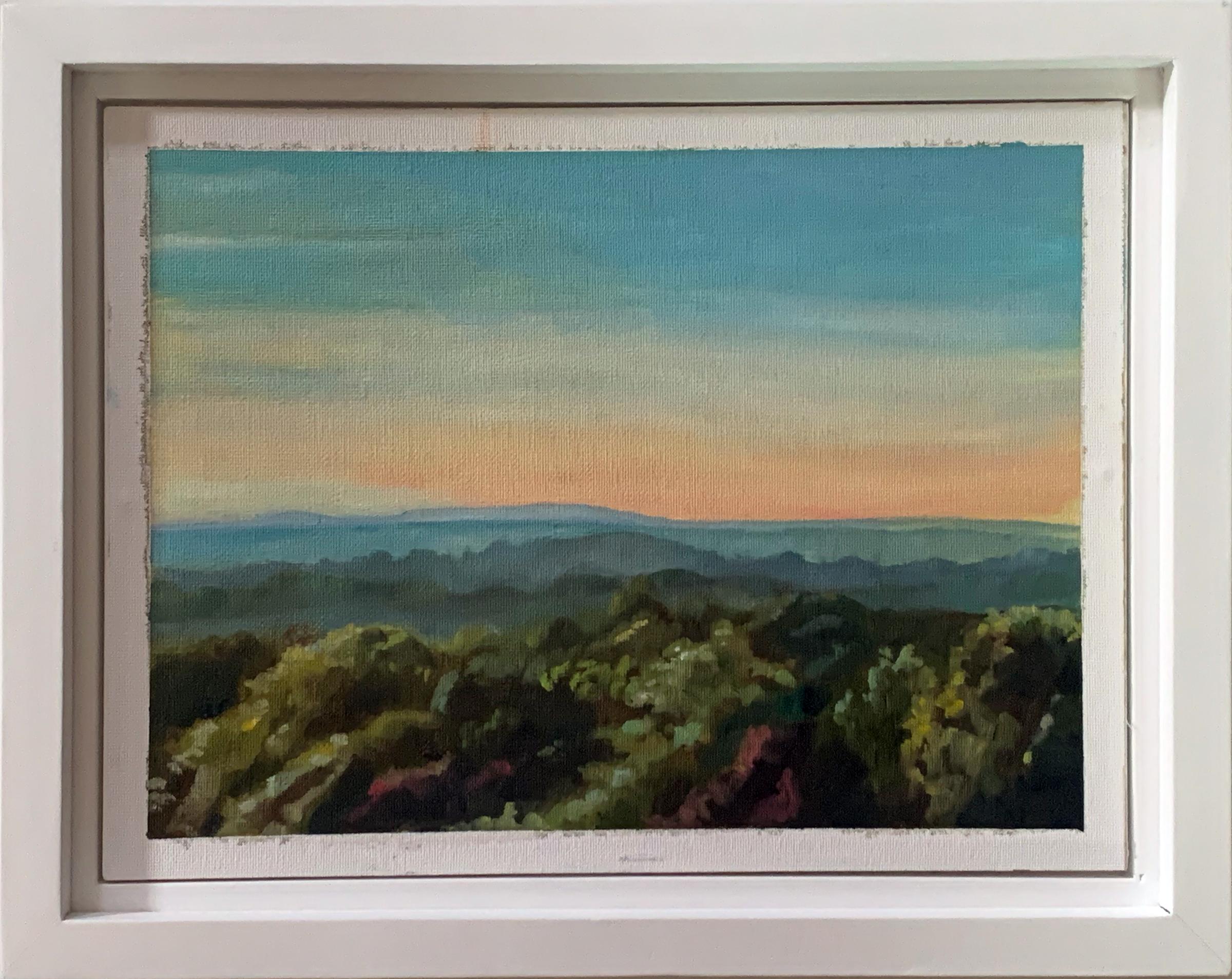 June 25, 2020 (Plein Air Landscape, Sunset over Mountain Range, White Frame) - Art by Carl Grauer