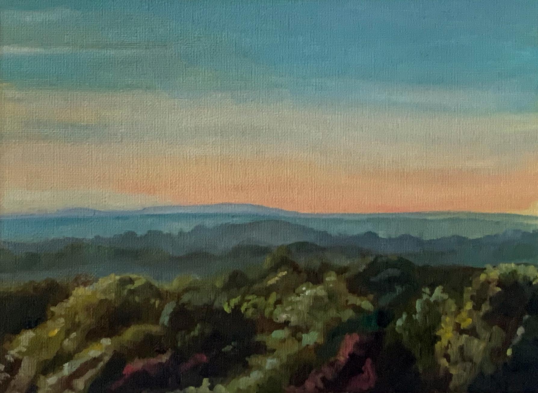 Le 25 juin 2020 (Plein Air Landscape, coucher de soleil sur la chaîne de montagnes, cadre blanc)