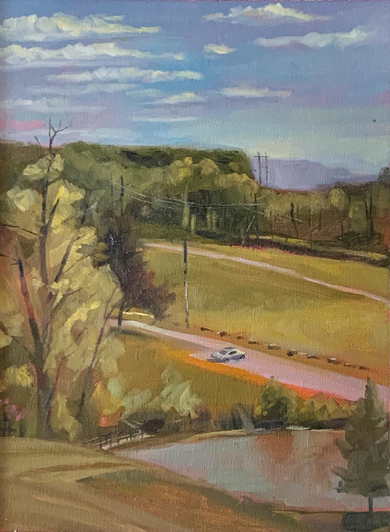 Carl Grauer Landscape Art - May 14, 2021 (Contemporary Aerial View Landscape with Parked Car, Oil on canvas)
