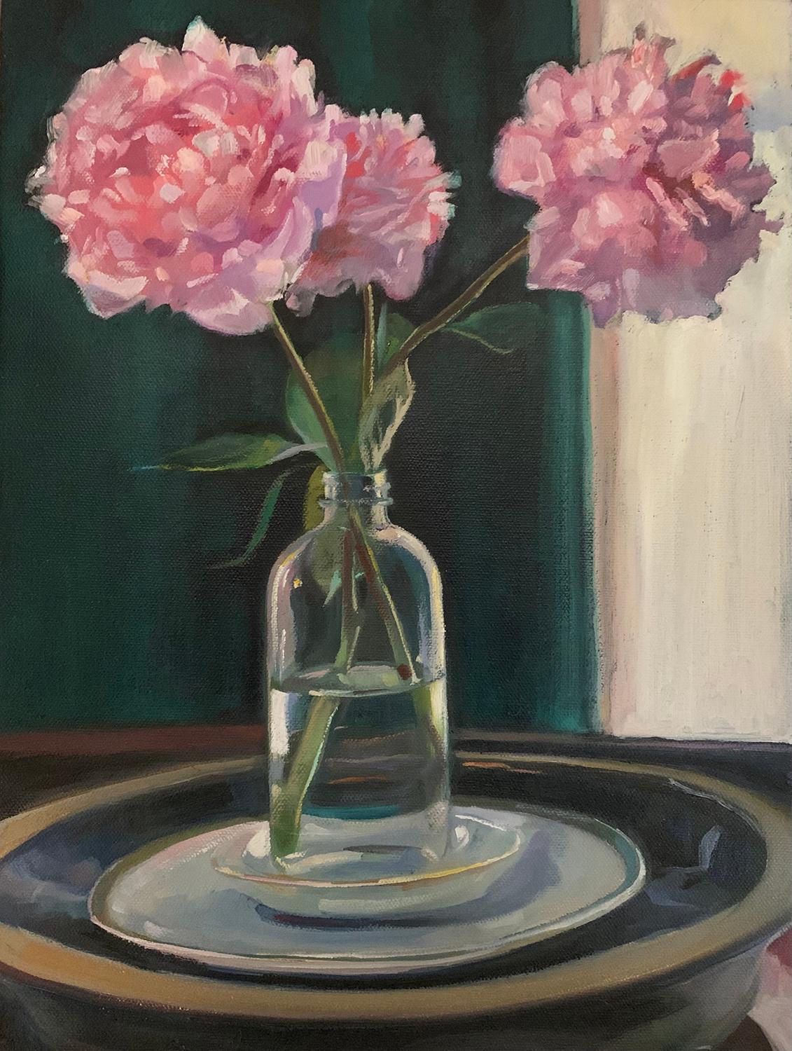 Still Life painting of a pink peony in a domestic setting
Painted by Hudson Valley based artist, Carl Grauer, in 2022
oil on canvas
16 x 12 inches, 19.5 x 15.5 inches with an artist-made wood frame (painted grey-lavender to complement the undertones